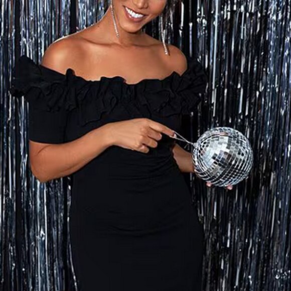 Xscape | Ruffled Off-the-Shoulder Elbow Length Sleeve Crepe Sheath Gown | Sz 16 - Picture 3 of 8